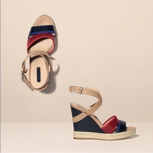 Longchamp Finca Louisa Wedge Espadrille Red Blue Sandals 39 US 8.5 Resortwear - Picture 1 of 15